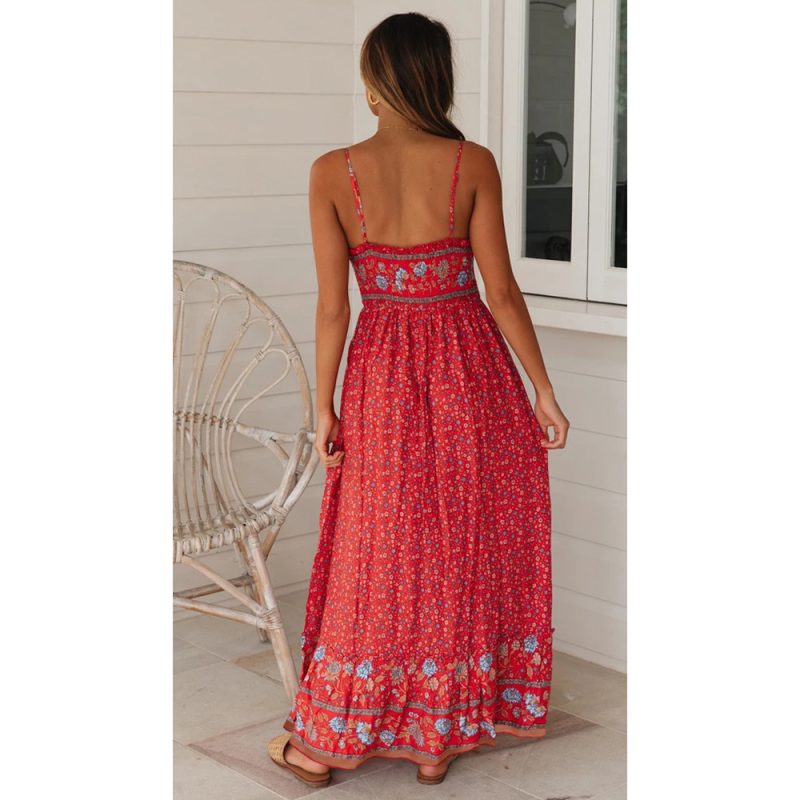 Summer Large Swing  Women Clothing Bohemian V-neck Strap Floral Dress - Image 3