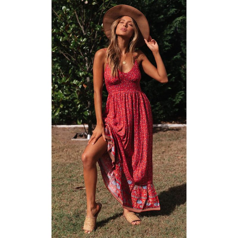 Summer Large Swing  Women Clothing Bohemian V-neck Strap Floral Dress - Image 4