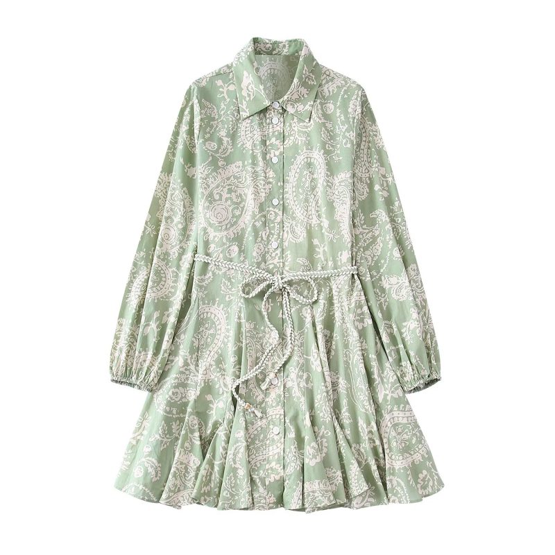 Spring Summer Women Collared Belt Single Breasted All Matching Printed Mini Dress - Image 3