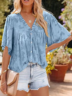 Women Clothing Summer Chiffon Shirt Bell Sleeve Ruffled Collar Lace Hollow Out Cutout Button Top