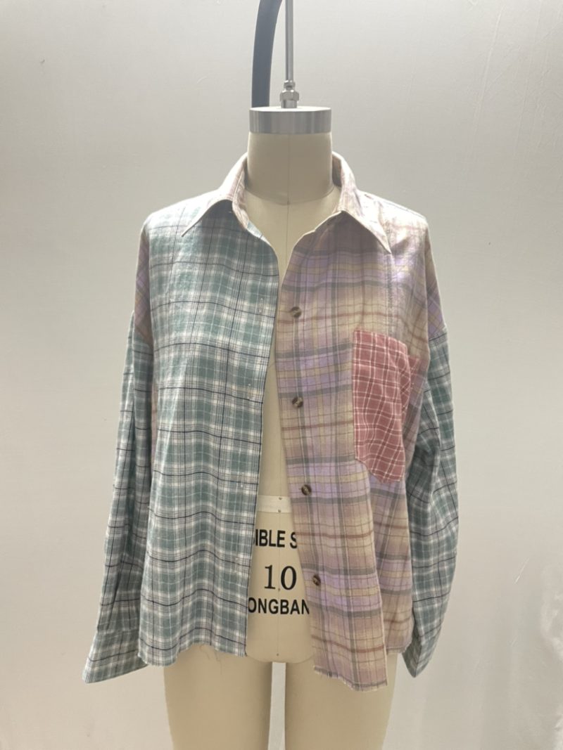 New Spring Casual Fashion Color Block Plaid Stitching Long Sleeves Collared Short Women Shirt Patchwork Macthing - Image 5