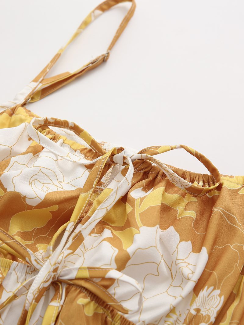 Summer Spaghetti-Strap Floral Print Bow Tie Waist Trimming Spaghetti Straps Dress - Image 3