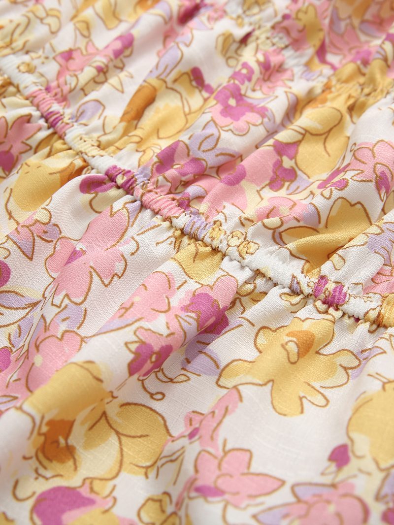 Square Collar Printed Short Sleeve Dress Fashion  Women  Spring Summer Fitted Waist Backless Lotus Leaf - Image 5