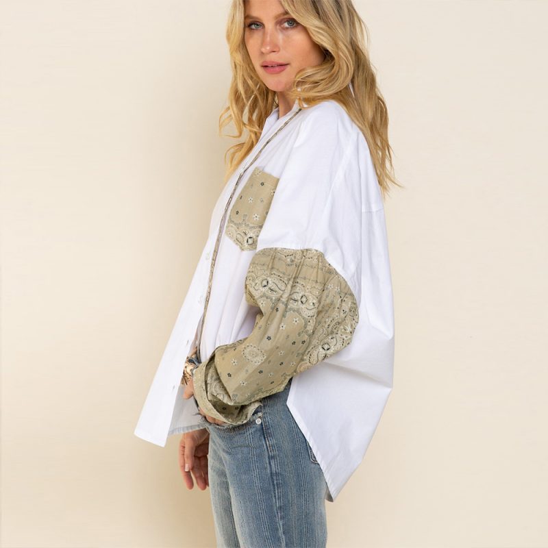 Autumn Winter Women Shirt Contrast Color Pocket Paisley Patchwork Top - Image 2