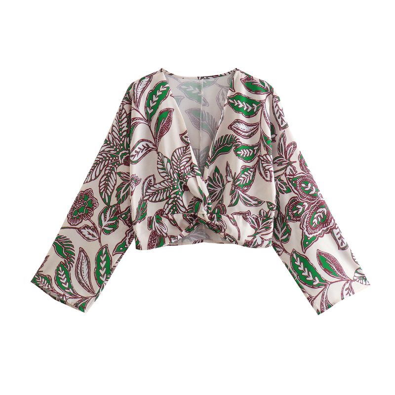 Summer Slimming Bow Tie Printed V-neck Shirt Top for Women - Image 2