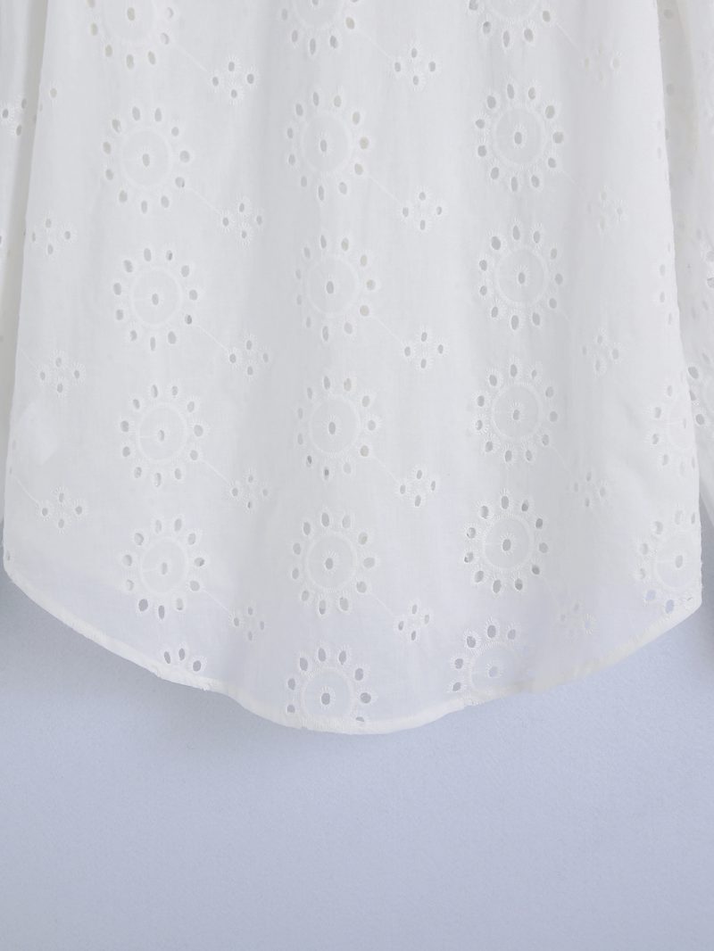 Spring Women White Long Sleeve Hollow Out Cutout Eyelet Embroidered Shirt - Image 4