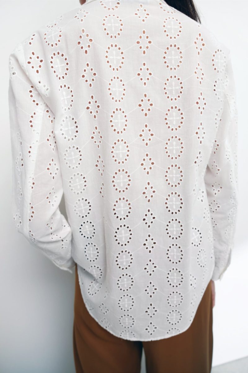 Spring Women White Long Sleeve Hollow Out Cutout Eyelet Embroidered Shirt - Image 5