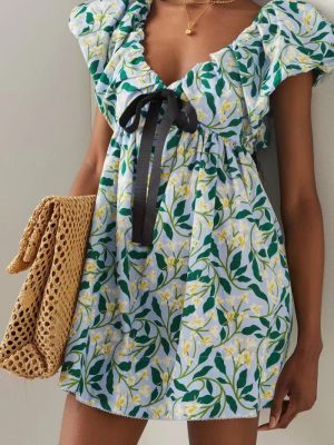 Summer French Bow Printed V-neck Dress Backless Waist Trimming A- line