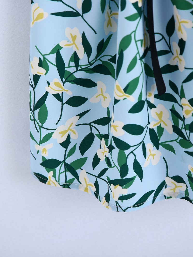 Summer French Bow Printed V-neck Dress Backless Waist Trimming A- line - Image 2