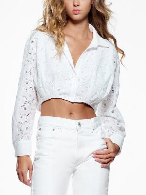 Spring Women Clothing Collared Long Sleeve Button Short Eyelet Embroidery Hollow Out Cutout Shirt Women