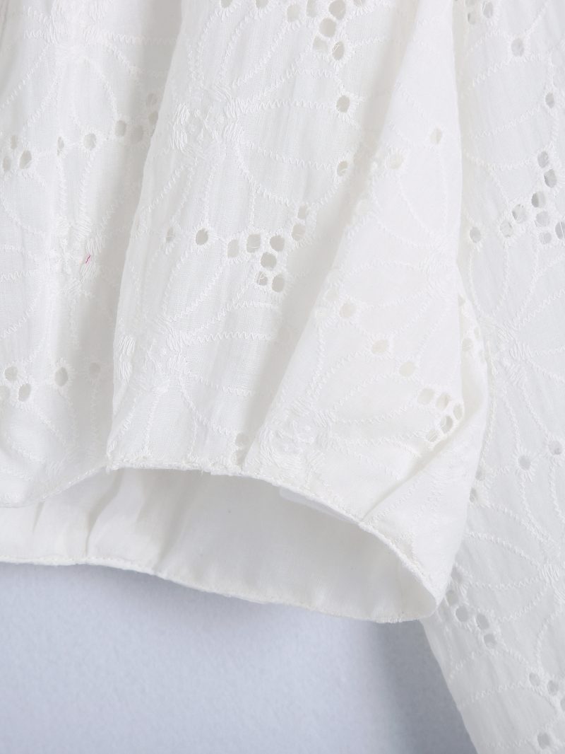 Spring Women Clothing Collared Long Sleeve Button Short Eyelet Embroidery Hollow Out Cutout Shirt Women - Image 3