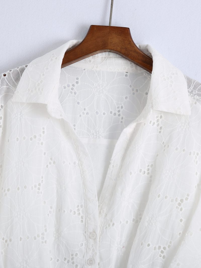 Spring Women Clothing Collared Long Sleeve Button Short Eyelet Embroidery Hollow Out Cutout Shirt Women - Image 4