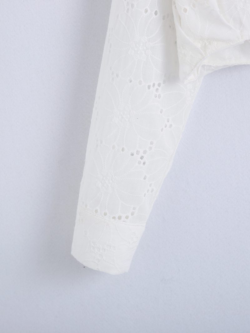 Spring Women Clothing Collared Long Sleeve Button Short Eyelet Embroidery Hollow Out Cutout Shirt Women - Image 5