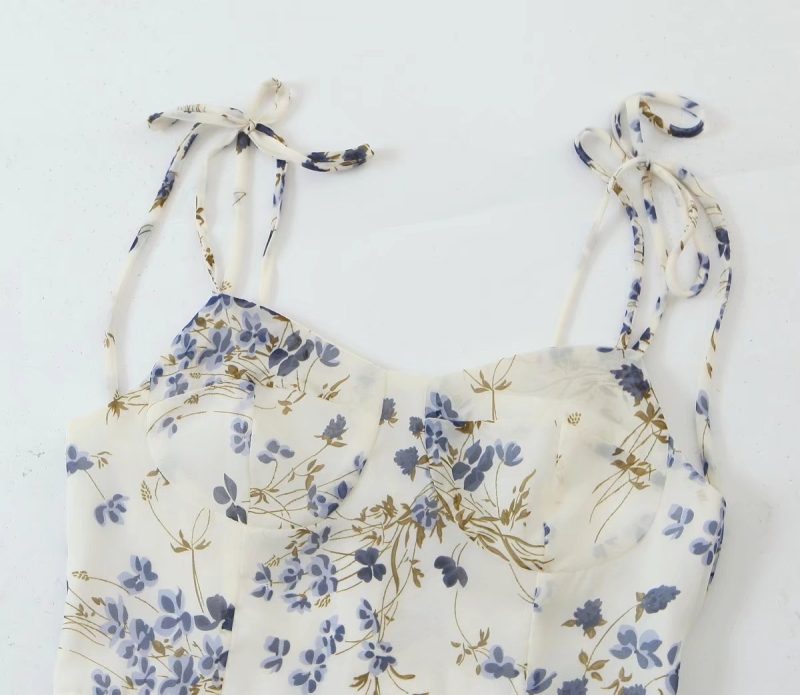 French Summer Women Strap Floral Dress High Waist Slimming Mid-Length - Image 2