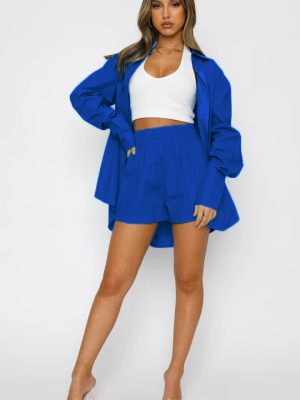 Women Clothing Summer Solid Color Casual Loose Collared Long Sleeves Shirt High Waist Shorts Two-Piece Set