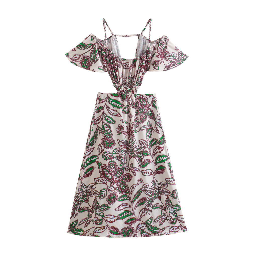 Summer Women Clothing off-the-Shoulder Casual Sexy Linen Printed Drape Dress