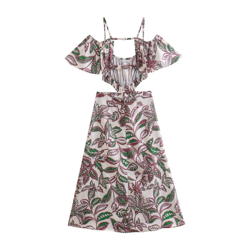 Summer Women Clothing off-the-Shoulder Casual Sexy Linen Printed Drape Dress - Image 2