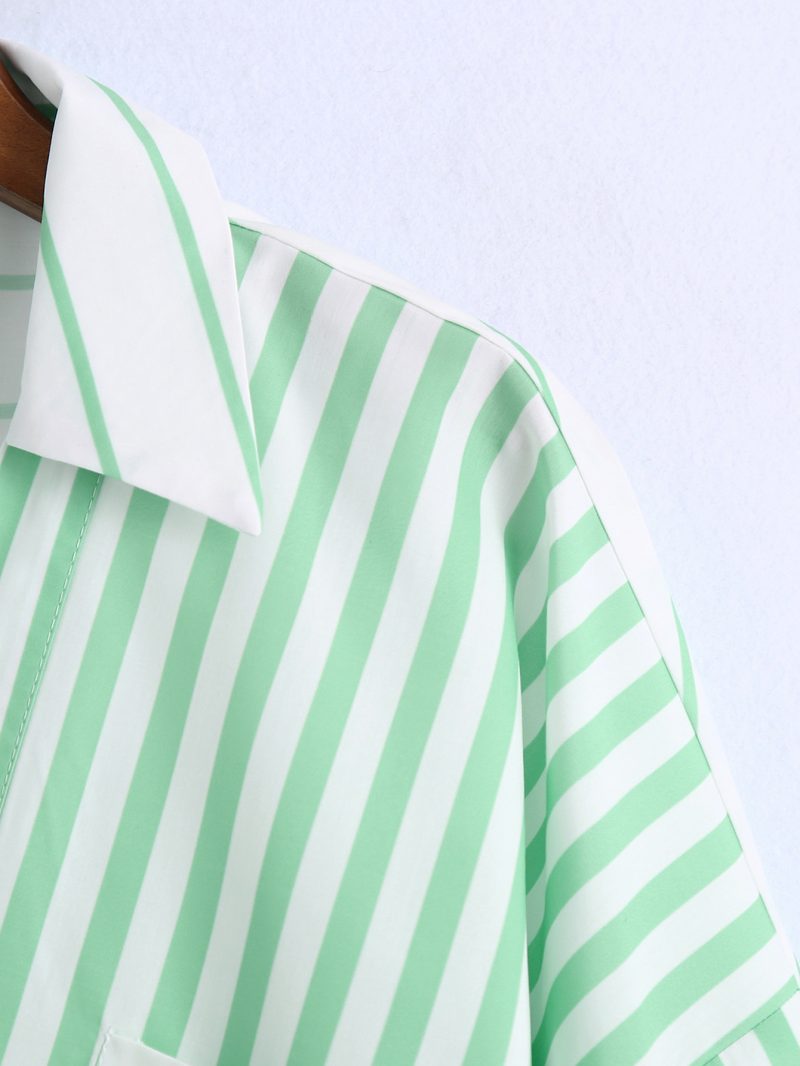 Summer Women Clothing Collared Long Sleeve Striped Loose Multicolor Chest Pocket Shirt Women - Image 3