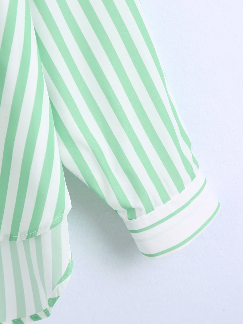 Summer Women Clothing Collared Long Sleeve Striped Loose Multicolor Chest Pocket Shirt Women - Image 7