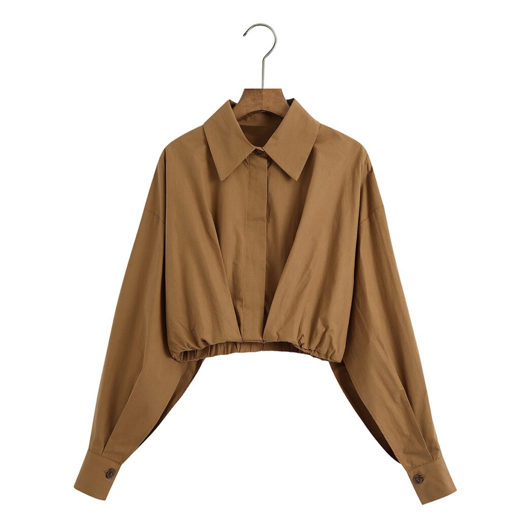 Autumn Women Clothing Blouse Collar Short Waist-Tight Khaki Blouse - Image 2