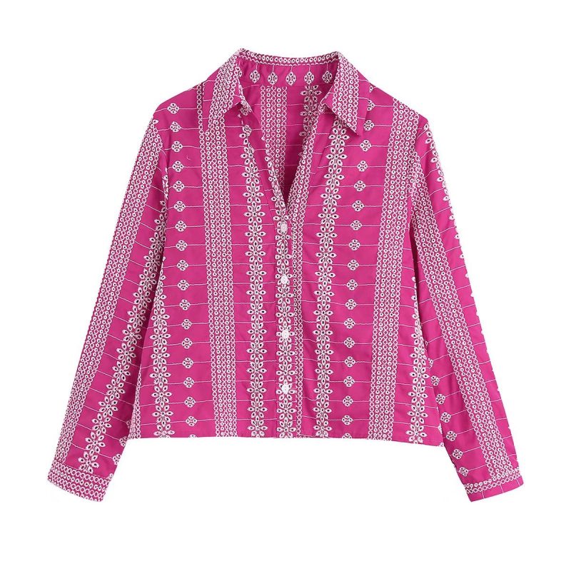 Summer Elegant Collared Embroidery Hollow Out Cutout Single-Breasted Shirt Women - Image 4