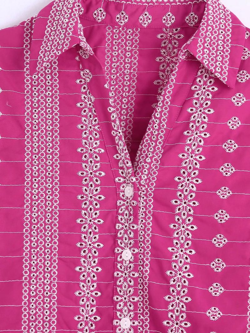 Summer Elegant Collared Embroidery Hollow Out Cutout Single-Breasted Shirt Women - Image 6