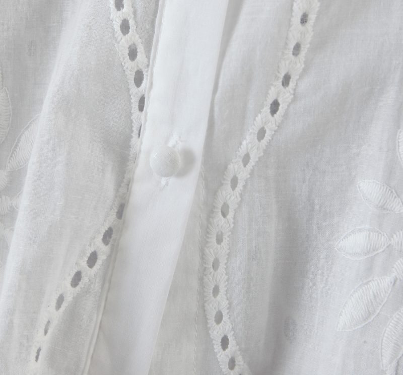 Summer Collared Lace Eyelet Embroidered Long Sleeve Single-Breasted Shirt Top Women Clothing - Image 2