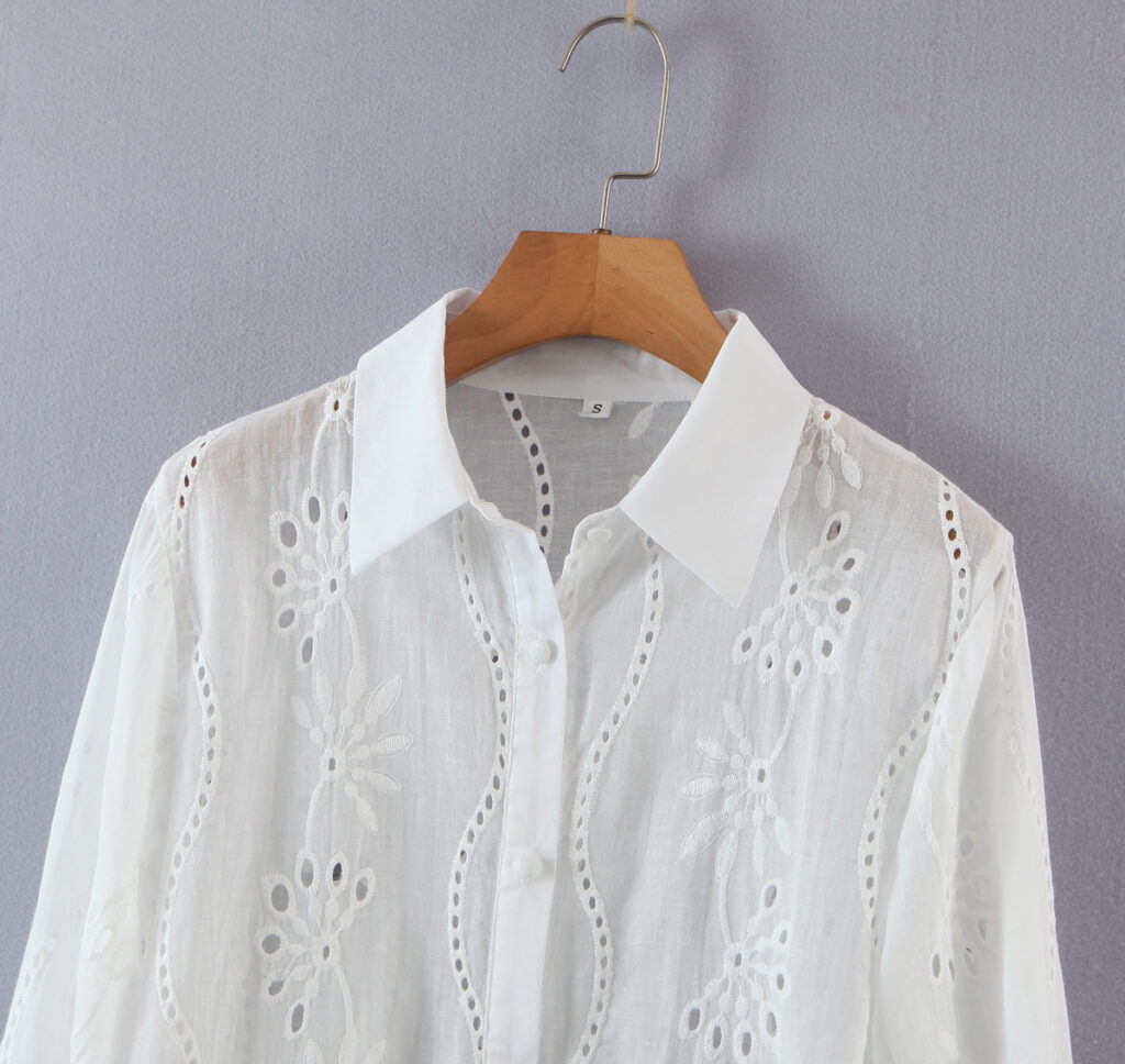 Summer Collared Lace Eyelet Embroidered Long Sleeve Single-Breasted Shirt Top Women Clothing - Image 3