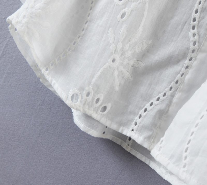 Summer Collared Lace Eyelet Embroidered Long Sleeve Single-Breasted Shirt Top Women Clothing - Image 4