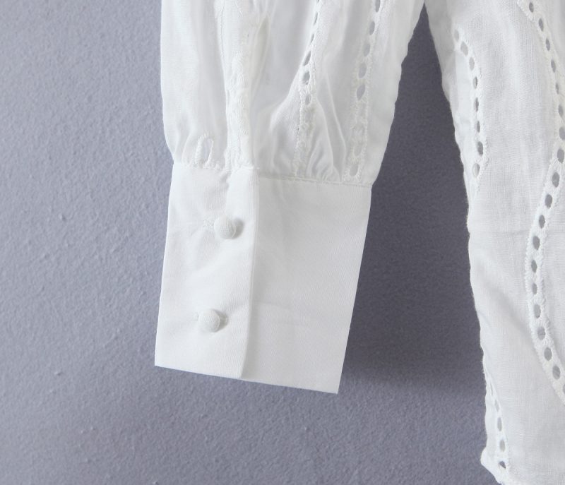 Summer Collared Lace Eyelet Embroidered Long Sleeve Single-Breasted Shirt Top Women Clothing - Image 5
