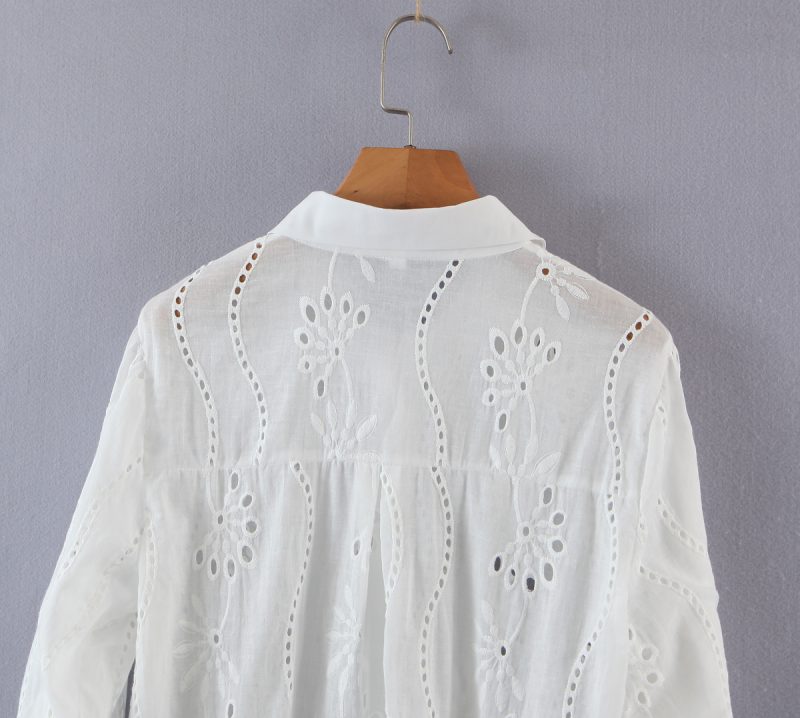 Summer Collared Lace Eyelet Embroidered Long Sleeve Single-Breasted Shirt Top Women Clothing - Image 6