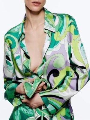 Spring Summer Printed Shirt Loose Satin Women Shirt