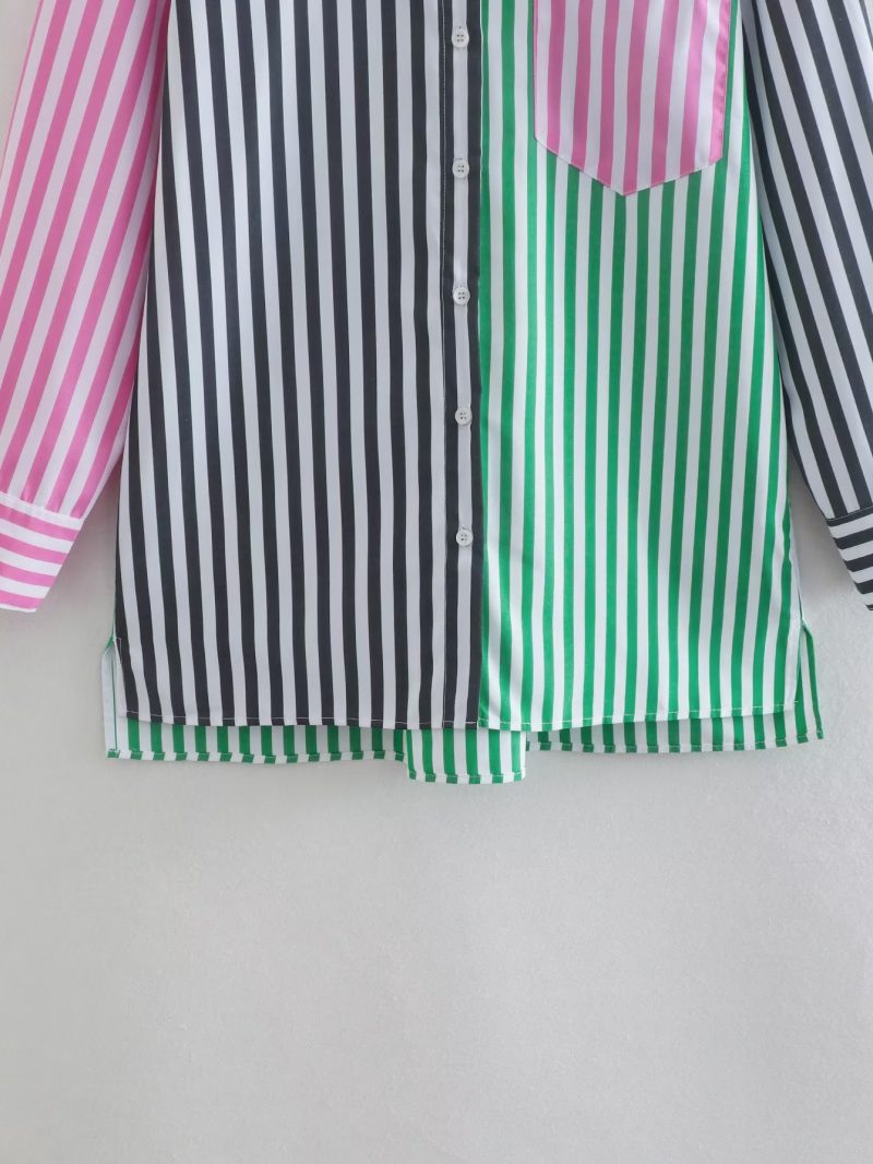 Spring Multi-Color Striped Printed Shirt Women Clothing - Image 2