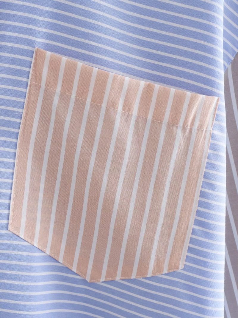Summer Women Clothing Contrast Color Vertical Stripes Long Sleeve Shirt Long Loose-Fitting Outerwear Top - Image 4