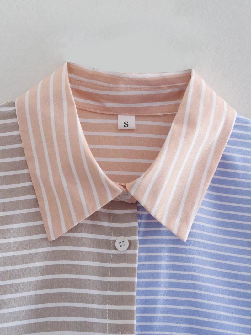 Summer Women Clothing Contrast Color Vertical Stripes Long Sleeve Shirt Long Loose-Fitting Outerwear Top - Image 6