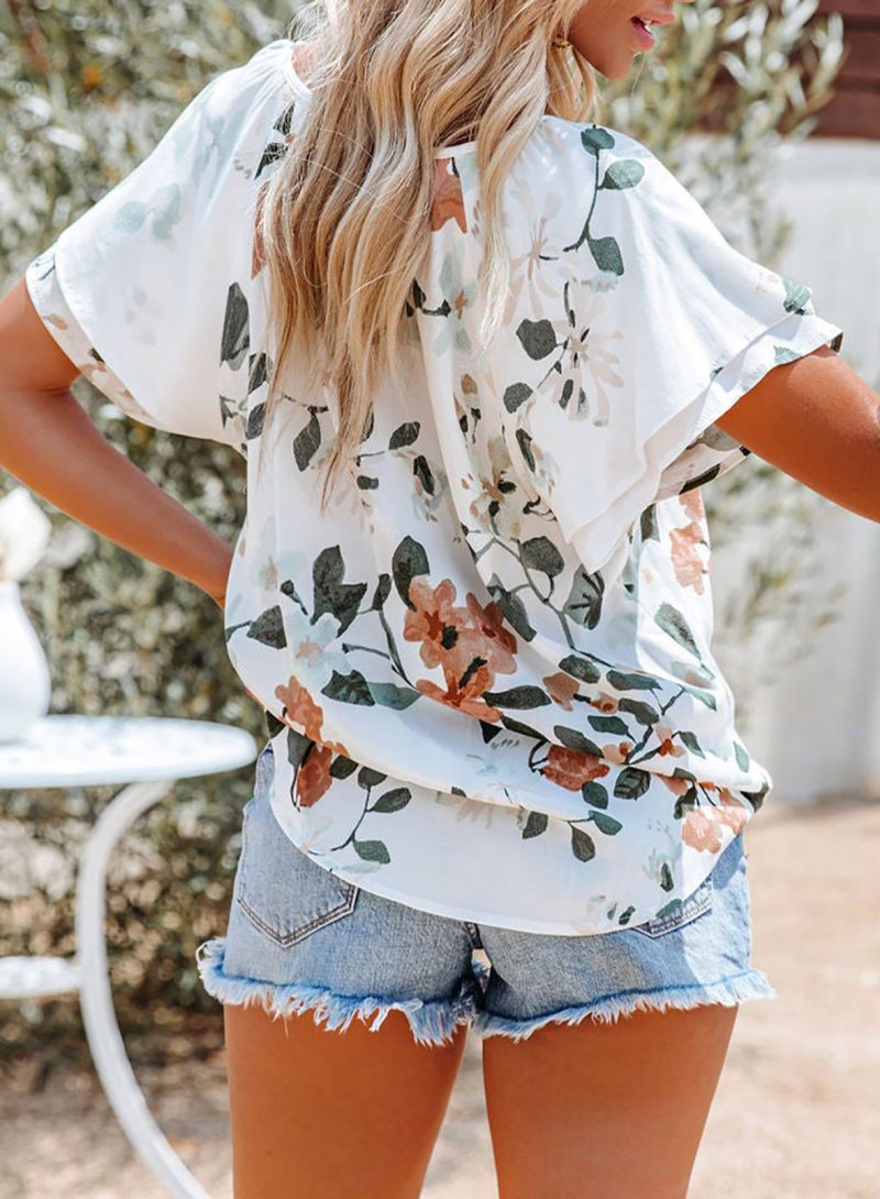 Printed Top Women Summer V-neck Half Cardigan Short Sleeve Loose Shirt Women - Image 2