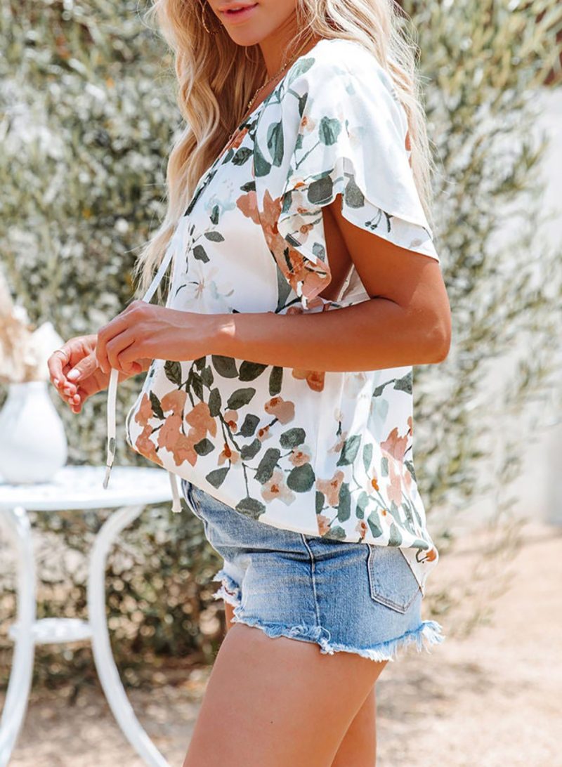 Printed Top Women Summer V-neck Half Cardigan Short Sleeve Loose Shirt Women - Image 3