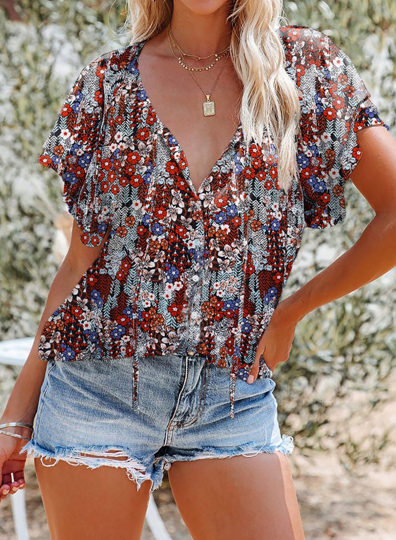 Printed Top Women Summer V-neck Half Cardigan Short Sleeve Loose Shirt Women - Image 5
