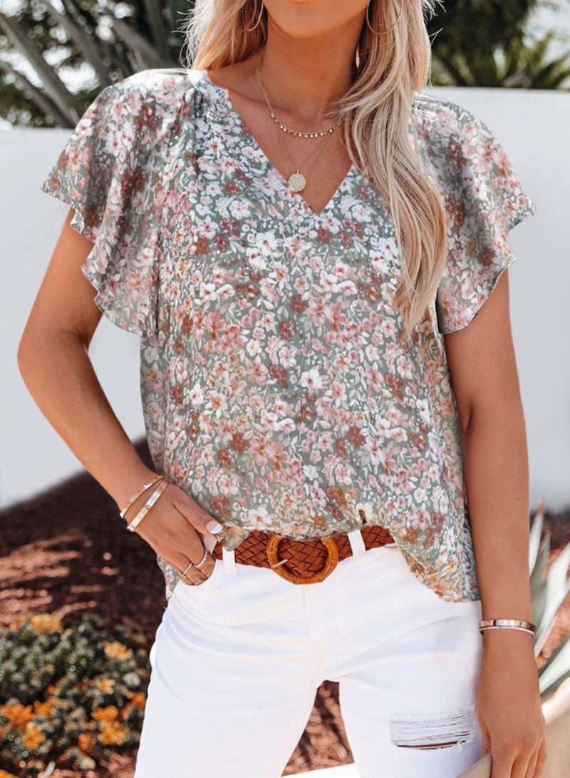 Summer Top Women Clothing V-neck Printed Short Sleeve Loose Casual Pullover Shirt - Image 5