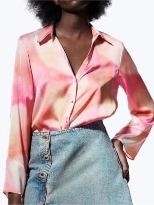 Spring Summer Breasted Closed V-neck Collared Long Sleeve Tie-Dyed Printed Short Shirt for Women