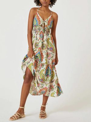 Spring Women Clothing National Printed Back Tied Dress