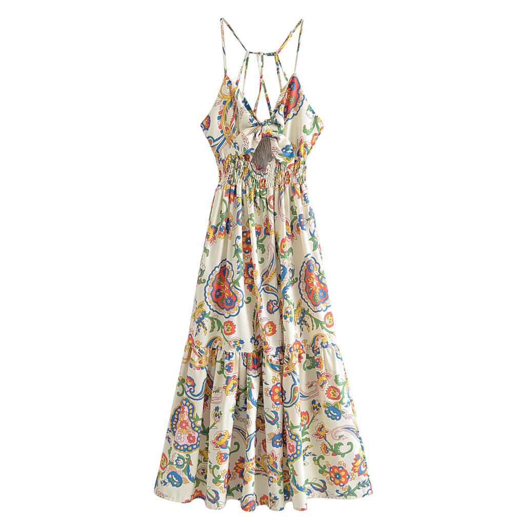 Spring Women Clothing National Printed Back Tied Dress - Image 5