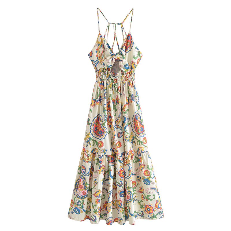 Spring Women Clothing National Printed Back Tied Dress - Image 5