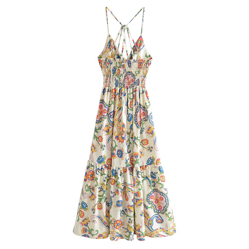 Spring Women Clothing National Printed Back Tied Dress - Image 6