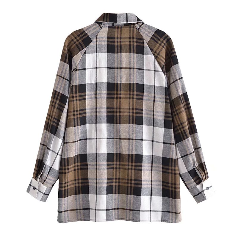 Summer Khaki Plaid Shirt Single-Breasted Mid-Length Top - Image 2