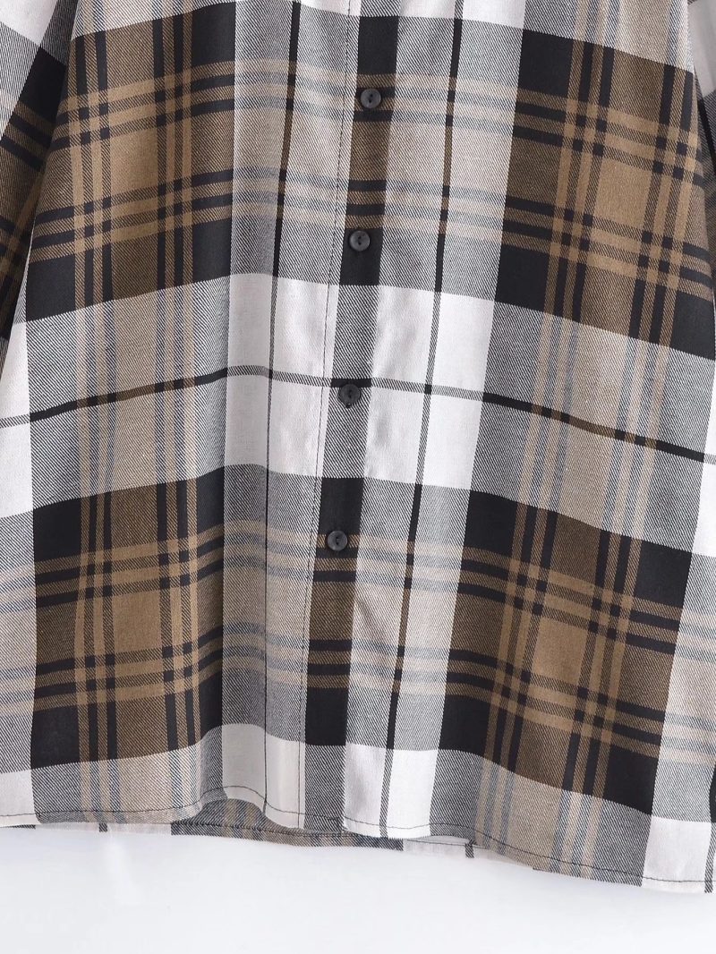 Summer Khaki Plaid Shirt Single-Breasted Mid-Length Top - Image 4