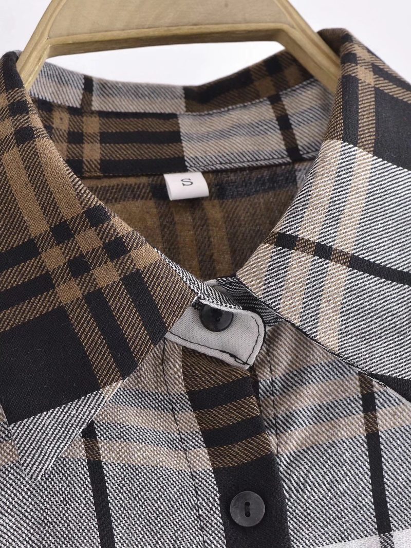 Summer Khaki Plaid Shirt Single-Breasted Mid-Length Top - Image 5