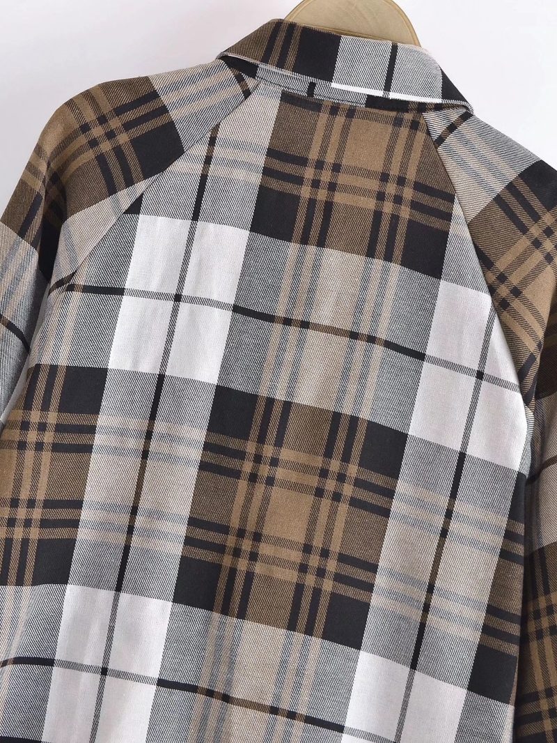 Summer Khaki Plaid Shirt Single-Breasted Mid-Length Top - Image 6