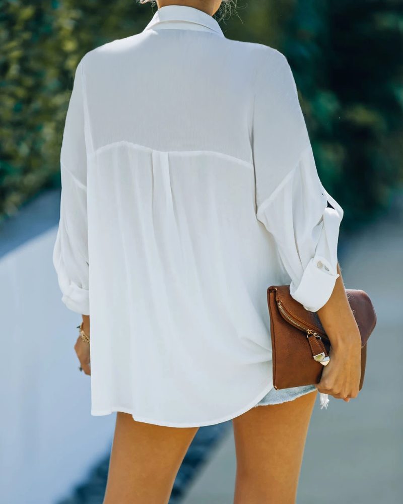 Shirt Spring Summer Solid Color Pocket Shirt Loose Long Short Sleeve Top - Image 6