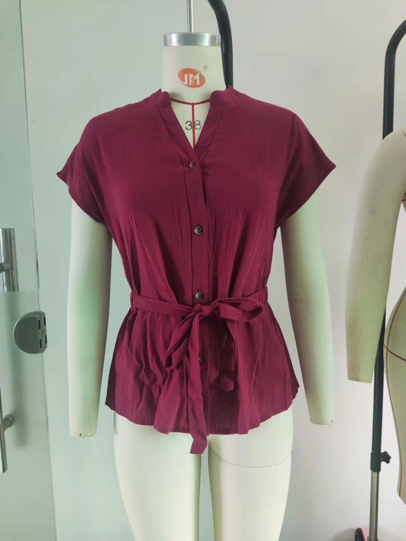 Top Summer Solid Color V-neck Button Belt Cotton Short Sleeve Women Shirt - Image 7